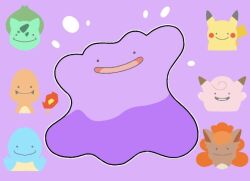  blob bulbasaur charmander clefairy cocoro_the_c commentary_request ditto no_humans open_mouth pikachu pokemon pokemon_(creature) pokemon_focus purple_background smile solid_circle_eyes squirtle transformed_ditto vulpix 