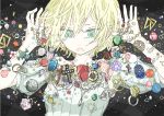 bell blonde_hair cage candy cross crucifix crystal green_eyes jewelry original short_hair solo tears watch wristwatch 