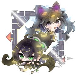  2girls absurdres black_scarf bluesky_username cat_mask dated duel_monster fingerless_gloves forehead_protector gloves green_eyes highres holding holding_kunai holding_weapon i:p_masquerena kunai long_hair mask masquerade_mask multiple_girls ninja patreon_username realyyser roller_skates s-force_rappa_chiyomaru s:p_little_knight scarf skates twintails twitter_username violet_eyes watermark weapon white_background yu-gi-oh! 