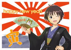  bad_id blush brown_eyes brown_hair fan hand_on_hip idolmaster japanese_clothes kikuchi_makoto kimono new_year paper_fan rising_sun smile tiger tomboy wink youhei youhei_(testament) 