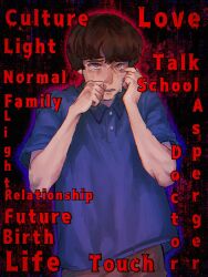  1boy adam_lanza aged_down animification bags_under_eyes bare_arms black_background blue_eyes blue_outline blue_shirt blush brown_hair brown_pants buttons clenched_hand collared_shirt cowboy_shot crying crying_with_eyes_open cyrilfucksadam english_text hair_between_eyes hand_up hands_on_own_face hands_up highres light_frown loose_clothes loose_shirt male_focus nose_blush outline pants polo_shirt raised_inner_eyebrows real_life red_nose red_outline sandy_hook_elementary_school_shooting shirt short_hair streaming_tears tears teeth true_crime wiping_tears 