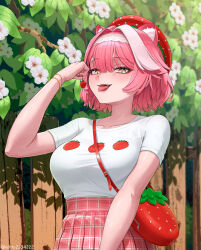  1girl alternate_costume animal_ear_fluff animal_ears artist_name bag bracelet collarbone fangs fence flower food fruit hairband handbag hat highres holding holding_food holding_fruit hololive hololive_english jewelry looking_at_viewer medium_hair nihto open_mouth outdoors pink_hair raora_panthera shirt short_sleeves solo standing strawberry strawberry_bag strawberry_hat tongue tongue_out virtual_youtuber white_flower white_hairband white_shirt wooden_fence 