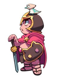  1boy alternate_costume animalization bird child cloak commentary cookie_cat_(steven_universe) discount-supervillain english_commentary forehead_jewel from_side frown gem gem_(steven_universe) helmet highres hood hooded_cloak male_focus pearl_(steven_universe) plump sandals shield steven_quartz_universe steven_universe sword toon_(style) weapon 