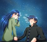  blue_hair hand_holding kawashima_ami long_hair sky star sweater takasu_ryuuji toradora! violet_eyes yuunagi_kanade 