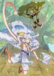  2boys arm_up axe belt belt_buckle buckle cape commentary_request devil_fruit_power dual_wielding elasticity extendable_limbs eye_mask fighting_stance fur_cape gear_fifth green_cape green_hair grin hamhamugi_mugi hat hat_on_back holding holding_axe holding_sword holding_weapon horns katana looking_at_viewer male_focus mask monkey_d._luffy mouth_hold multiple_boys official_alternate_costume one_piece red_eyes roronoa_zoro sandals scar scar_on_cheek scar_on_chest scar_on_face shorts smile straw_hat sword teeth_hold transformation tree weapon white_cape white_hair white_shorts 