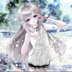  1girl :d bag bare_arms beach black_skirt blue_eyes blurry blurry_background blush bottle camisole character_request commission copyright_request cowboy_shot day grey_bag grey_hair hair_ornament hairclip hands_up head_tilt holding holding_bottle holding_removed_eyewear long_hair looking_at_viewer mihuashi_commission object_to_cheek ocean open_mouth outdoors pencil_skirt plant plastic_bottle sand shoulder_bag skirt smile solo standing standing_on_one_leg sunglasses too_many_watermarks unworn_eyewear v very_long_hair water_bottle watermark white_camisole xiao_sui_tingyu 