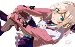  1girl :3 artist_name blue_eyes blue_gem bow bowtie breasts brooch brown_hair brown_pantyhose cardigan cardigan_partially_removed commentary dated exocet_(exocet4) gem hands_on_own_knees highres jewelry large_breasts long_hair long_sleeves looking_at_viewer nijisanji off_shoulder open_cardigan open_clothes pantyhose pink_cardigan purple_shoes purple_skirt shirt shoes sidelocks signature simple_background sitting skirt smile solo striped_clothes striped_pantyhose suzuhara_lulu suzuhara_lulu_(1st_costume) virtual_youtuber white_background white_shirt 