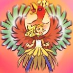  1girl blonde_hair blurry brown_eyes choker costume hitec ho-oh moemon open_mouth personification pokemon pokemon_(creature) pokemon_(game) pokemon_gsc thigh-highs thighhighs wings 