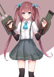 1girl arm_warmers asagumo_(kancolle) ascot bad_id bad_twitter_id black_thighhighs blue_ascot blue_bow blush bow brown_hair commentary grey_eyes grey_skirt kantai_collection laplusvv_(la+) light_smile long_hair looking_at_viewer pleated_skirt rigging shirt short_sleeves simple_background skirt solo suspender_skirt suspenders thigh-highs twintails two-tone_background white_shirt 