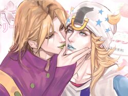  2boys beanie blonde_hair blue_eyes blue_lips grabbing_another's_chin green_lips gyro_zeppeli hand_on_another's_chin hat highres implied_yaoi johnny_joestar jojo_no_kimyou_na_bouken long_hair looking_at_another male_focus multiple_boys oldmanseme purple_shirt shirt star_(symbol) steel_ball_run 