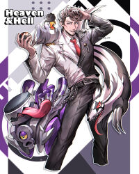  1boy absurdres amaguni_hitoya belt black_belt black_pants commentary_request cropped_legs crossover english_text galarian_linoone highres holding holding_poke_ball hypnosis_mic long_sleeves luxury_ball male_focus mtkg_05 necktie pants poke_ball pokemon pokemon_(creature) pompadour red_necktie split-color_clothes squawkabilly squawkabilly_(white) varoom 