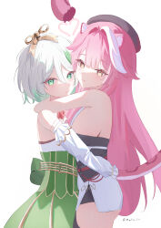  2girls absurdres animal_ears cat_ears cat_girl cat_tail cecilia_immergreen cecilia_immergreen_(1st_costume) doll_joints dress green_dress green_hair grey_hair hair_intakes highres hololive hololive_english hug joints long_hair looking_at_viewer mimiliaa multiple_girls pink_hair raora_panthera raora_panthera_(1st_costume) shirt short_hair shorts tail very_long_hair virtual_youtuber white_shirt white_shorts winding_key yellow_eyes yuri 