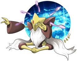  alakazam beard colored_skin facial_hair forehead_jewel gem hftran1203 highres long_beard mega_alakazam mega_pokemon pokemon pokemon_(creature) pokemon_focus red_gem sitting spoon telekinesis yellow_skin 
