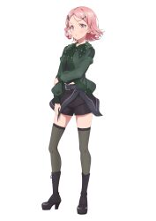  1girl absurdres anime_coloring arm_across_waist belt black_belt black_boots black_shorts black_thighhighs boots braid buttons closed_mouth dot_nose frown full_body green_shirt hair_ornament hair_tie hairclip hand_on_own_thigh high_heel_boots high_heels highres karabayashi_itoha lace-up_boots long_sleeves looking_at_viewer low_twin_braids midriff_peek mole mole_under_eye official_art parted_bangs pink_eyes pink_hair rabbit_hair_ornament second-party_source shine_post shirt short_braid shorts simple_background solo standing thigh-highs transparent_background twin_braids 