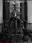  1girl balalaika black_lagoon chair cross crossed_legs cupping_glass kko monochrome pantyhose sitting sketch skull smoking solo throne 