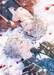  2boys absurdres blood blood_on_face brothers cloudpjj commentary_request dante_(devil_may_cry) devil_may_cry_(series) highres injury light_smile lying male_focus multiple_boys siblings side-by-side snow snowflake_background twins vergil_(devil_may_cry) white_hair 