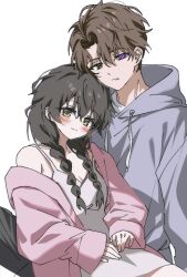  1boy 1girl black_hair black_pants blush braid brown_hair camisole character_request chu_yeon copyright_request green_eyes grey_hood heterochromia highres hood hood_down jacket leaning_on_person long_hair looking_at_viewer mismatched_sclera open_clothes open_jacket pants pink_jacket short_hair simple_background smile twin_braids violet_eyes white_background white_camisole 
