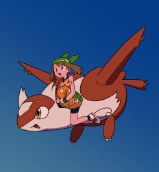  1girl bandana bike_shorts black_shorts black_socks breasts brown_eyes brown_hair claws dragon fanny_pack flying gloves green_bandana highres holding jacket latias may_(pokemon) open_mouth orange_jacket pokemon pokemon_(creature) pokemon_emerald pokemon_ruby/sapphire/emerald riding riding_pokemon shirt shoes shorts sleeveless smile socks torchic tyako_089 white_gloves yellow_eyes 