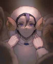  1boy absurdres animal_costume animal_hood black_hair blank_eyes curled_horns fake_horns hair_between_eyes hair_slicked_back highres hood horns light_smile looking_at_viewer miengplazabzab mole mole_under_mouth multiple_costumes necktie onesie project:_eden's_garden purple_necktie sheep_costume sheep_hood sheep_horns shirt short_hair violet_eyes watch watch white_shirt wolfgang_akire 