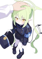  1girl 1other afterimage armband black_tail blue_archive blue_armband blue_boots blue_hat blue_jacket blue_shorts boots commentary_request demon_tail from_above green_hair green_halo halo hat headpat highres holding holding_unworn_clothes holding_unworn_hat jacket long_hair nonkichi nozomi_(blue_archive) out_of_frame pantyhose pointy_ears sensei_(blue_archive) shorts simple_background solo_focus tail tail_wagging twintails unworn_hat unworn_headwear white_background white_pantyhose yellow_eyes 