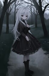  1girl absurdres beckoning black_capelet black_shirt black_shoes black_skirt black_socks blunt_bangs brown_eyes capelet center_frills closed_mouth commentary_request commission expressionless fingernails fog forest frilled_skirt frilled_socks frills full_body grass grey_trim hand_on_own_chest hand_up highres kneehighs long_hair long_sleeves looking_at_viewer looking_to_the_side nature original outdoors outstretched_hand path reaching reaching_towards_viewer sakiika0513 shirt shoes skeb_commission skirt socks solo standing tree turning_head white_hair 