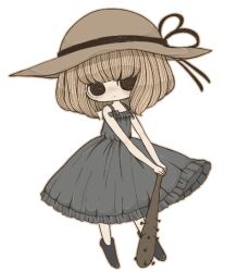  1girl bad_id bad_twitter_id baseball_bat black_boots blonde_hair blue_dress boots deformed dress frilled_dress frills hat holding holding_baseball_bat lastworry111 muted_colors nail_(hardware) nail_bat short_hair solo spaghetti_strap straw_hat transparent_background usotsuki yume_nisshi 