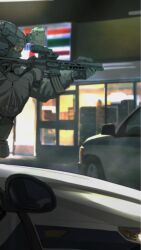  1other aiming assault_rifle black_gloves car combat_helmet cowboy_shot from_side gloves goggles grey_jacket gun headset helmet highres holding holding_weapon jacket maxturbo69 military motor_vehicle original rifle scope solo supermarket tactical_clothes tactical_gloves weapon weapon_request 