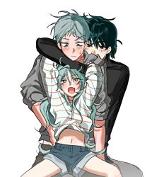  1girl 2boys alien_stage black_eyes black_hair commentary fang green_eyes grey-haired_girl_(alien_stage) grey_hair highres ivan_(alien_stage) ivantill1711 long_hair multiple_boys navel red_pupils shirt short_hair shorts sitting skin_fang small_sweatdrop striped_clothes striped_shirt till_(alien_stage) very_short_hair white_background yellow_eyes 