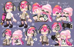 1boy 1girl beanie black_neckerchief black_shoes black_shorts buttons commentary_request drinking fangs grey_jacket gun happy hat headphones highres holding holding_gun holding_weapon hug inkling inkling_girl inkling_player_character jacket long_hair mohawk neckerchief necktie octoling octoling_boy octoling_player_character one_eye_closed pink_hair purple_background shirt shoes short_hair shorts splatoon_(series) striped_clothes striped_necktie tentacle_hair translation_request twintails weapon weapon_request white_shirt yellow_eyes yoshishi_(yosisitoho) 