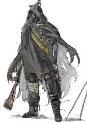 1boy absurdres ammunition ammunition_belt anti-materiel_rifle bandaged_leg bandages bayonet black_boots black_cape boots bracer cape combat_boots commentary dirty dirty_clothes doghunt14716979 gas_mask gun gun_sling highres holding holding_gun holding_weapon hood hood_up kacper_(peripeteia) knee_pads mask over_shoulder peripeteia ptrs-41 rifle single_knee_pad sniper_rifle solo solo_focus standing torn_cape torn_clothes untied_shoelaces weapon weapon_over_shoulder white_background 