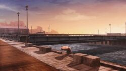  blue_sky boat bridge building clouds cloudy_sky dock evening game_asset hentai_prison highres lamppost mikago_kotaro no_humans non-web_source official_art orange_sky outdoors pier scenery self-datamine shadow sky variant_set visual_novel_cg water watercraft 
