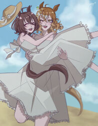  2girls aegyo_sal agnes_tachyon_(umamusume) ahoge animal_ears arms_around_neck blue_sky bow carrying closed_eyes closed_mouth commentary_request dress earrings flower frilled_dress frills grass grey_dress hair_flower hair_ornament hairclip hat hat_bow hat_ribbon highres horse_ears horse_girl horse_tail jewelry jungle_pocket_(umamusume) leg_up looking_at_another multiple_earrings multiple_girls notched_ear odag_18 one_eye_closed open_mouth princess_carry ribbon simple_background sky sun tail umamusume unworn_hat unworn_headwear weapon white_ribbon yellow_eyes yellow_flower yellow_hat yuri 