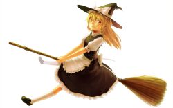  1girl apron back_bow banchengping@126 black_hair black_shoes black_skirt black_vest blonde_hair bow braid broom broom_riding closed_mouth commentary_request double-parted_bangs floating_hair frilled_apron frilled_hat frilled_skirt frills from_side full_body hair_between_eyes hat hat_bow kirisame_marisa kneehighs light_smile loafers long_hair looking_at_viewer medium_skirt outstretched_legs partially_shaded_face penny_loafers petite puffy_short_sleeves puffy_sleeves shirt shoes short_sleeves side_braid simple_background single_braid skirt skirt_set smile socks solo touhou turning_head turtleneck turtleneck_shirt v-shaped_eyebrows vest waist_apron white_background white_bow white_shirt white_socks witch_hat yellow_eyes 