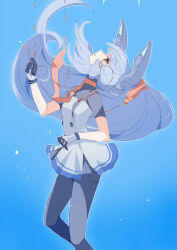  1girl commentary_request dress floating_headgear fudeyama_(fudeco) gloves grey_hair hair_ribbon headgear kantai_collection long_hair looking_up murakumo_(kancolle) murakumo_kai_ni_(kancolle) necktie orange_eyes pantyhose red_necktie ribbon sidelocks solo strapless strapless_dress torn_clothes tress_ribbon undershirt very_long_hair 