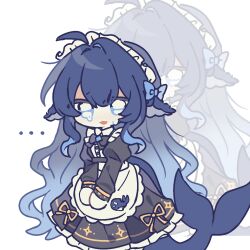  ... 1girl ahoge animal_ears apron black_bow black_dress blue_bow blue_hair bow bowtie chibi chinese_commentary commentary_request crying crying_with_eyes_open deepseek deepseek-tan dress fins fish_tail frilled_dress frills full_body gradient_hair hair_between_eyes hair_bow head_fins highres juliet_sleeves long_hair long_sleeves maid maid_apron maid_headdress monster_girl multicolored_hair nine_seven o_o open_mouth puffy_sleeves simple_background solo tail tears very_long_hair waist_apron white_apron white_background zoom_layer 