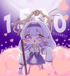  1girl braid chibi commentary_request detached_sleeves full_body full_moon hair_ornament hairband hakama heart holding holding_staff japanese_clothes long_hair milestone_celebration moon nenne_kitsune night nontraditional_miko number_print open_mouth purple_hair purple_hairband purple_hakama purple_skirt skirt sleeves_past_fingers sleeves_past_wrists solo staff thank_you trickcal twin_braids violet_eyes yomi_(trickcal) 