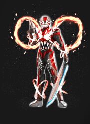  1boy absurdres armor armored_bodysuit black_bodysuit bodysuit character_mask chou_uchuu_keiji_gavan_infinity combat_helmet ddop_(gfga7577) dual_wielding energy energy_wings full_armor gavan_infinity gavan_infinity_r.e.d. gavarion_blade gavarion_trigger glowing glowing_eyes glowing_sword glowing_weapon helmet highres holding holding_sword holding_weapon male_focus mask multicolored_armor multiple_boys red_armor red_bodysuit red_eyes red_helmet science_fiction silver_armor spikes sword tokusatsu two-tone_armor weapon 