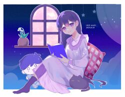  1girl black_socks bright_pupils cat character_name commentary_request dated double-parted_bangs flower_pot hair_between_eyes happy_birthday hero_(headspace)_(omori) hero_(omori) highres long_hair long_sleeves looking_at_viewer mari_(headspace)_(omori) mari_(omori) mewo omori plant potted_plant purple_hair satsuki_1243 sitting socks solo violet_eyes white_pupils window 