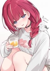  1girl :p animal_on_shoulder bird bird_on_shoulder black_choker braid choker commentary cup food_print glass highres holding holding_cup knees_up knokzm konkon_aria konkon_aria_(2nd_costume) long_hair long_sleeves looking_at_viewer multicolored_hair neo-porte print_shirt red_hair shirt smile solo streaked_hair tongue tongue_out twitter_username violet_eyes virtual_youtuber white_background white_shirt 