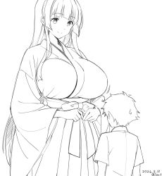  1boy 1girl breasts closed_mouth dated from_behind greyscale hakama highres japanese_clothes kimono large_breasts long_hair miko monochrome motion_lines original seo_tatsuya short_hair simple_background size_difference smile sweatdrop very_long_hair white_background 