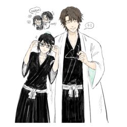  1boy 1girl @_@ aizen_sousuke bespectacled black_hair black_hakama bleach brown_hair bun_cover chibi chibi_inset closed_eyes commentary_request glasses hair_bun hakama haori highres hinamori_momo holding holding_removed_eyewear japanese_clothes korean_commentary korean_text ppang_(kk_o645) shihakusho single_hair_bun smile taichou_haori translation_request unworn_eyewear white_background white_haori 