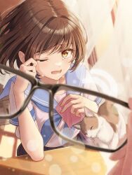  1girl 1other animal black_skirt blue_neckerchief blue_sailor_collar brown_hair cat commentary_request crying desk ghost glasses handkerchief highres holding holding_handkerchief holding_removed_eyewear indoors macha0331 neckerchief one_eye_closed open_mouth original pleated_skirt pov pov_across_table revealing_layer sailor_collar school_uniform serafuku shirt short_hair short_sleeves skirt solo_focus tears unworn_eyewear white_shirt wiping_tears yellow_eyes 