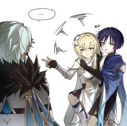  ... 1girl 2boys anger_vein angry arm_guards bare_shoulders black_bridal_gauntlets black_corset black_gloves black_hakama black_shorts black_socks black_tank_top blonde_hair blue_cape blue_hair blunt_ends breasts bridal_gauntlets brown_eyes cape carrying carrying_person coat commentary corset cowboy_shot detached_sleeves dottore_(genshin_impact) dress earrings empty_eyes eyeshadow fatui_coat feather_hair_ornament feathers feet_out_of_frame fingernails flower from_behind fur-trimmed_coat fur_trim genshin_impact gloves gold_necklace gold_trim hair_between_eyes hair_flower hair_ornament hakama hakama_shorts half-closed_eyes hand_on_another's_shoulder hands_up highres index_finger_raised japanese_clothes jewelry leg_warmers long_sleeves looking_at_another lumine_(genshin_impact) makeup medium_breasts meme miayugi523 missing_headwear multiple_boys necklace open_clothes open_shirt partially_fingerless_gloves protected_kevin_hart_(meme) purple_hair red_eyeshadow rope scaramouche_(genshin_impact) shirt short_hair short_sleeves shorts sidelocks simple_background single_earring sleeveless sleeveless_dress socks speech_bubble spoken_ellipsis squiggle standing tank_top tassel teeth tongue tongue_out violet_eyes wanderer_(genshin_impact) white_background white_coat white_dress white_flower white_shirt white_sleeves 