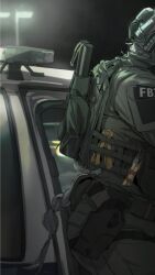  1other ammunition_pouch backpack bag bulletproof_vest car combat_helmet cowboy_shot fbi from_side grey_jacket grey_pants helmet highres holster jacket lamppost maxturbo69 military motor_vehicle night original pants pouch solo tactical_clothes 