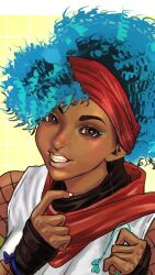  1girl 7lgr1ju19b34685 afro blue_hair dark-skinned_female dark_skin earphones earphones eyelashes headband highres kimberly_jackson kimberly_jackson_(outfit_3) looking_at_viewer mask_pull official_alternate_costume official_alternate_hairstyle red_headband scarf solo street_fighter street_fighter_6 