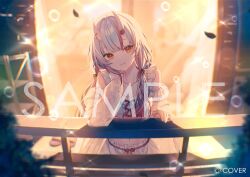  1girl :3 blurry blurry_background camisole center-flap_bangs center_frills chihiro_ayaka closed_mouth commentary_request copyright_notice frills gradient_hair grey_hair hair_between_horns hand_up head_tilt hololive horns long_hair looking_at_viewer low_twintails multicolored_hair nakiri_ayame navel off_shoulder official_art oni red_eyes red_hair red_streaks robe sample_watermark skin-covered_horns solo standing stomach streaked_hair twintails virtual_youtuber watermark white_camisole white_robe 