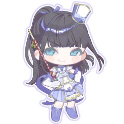  1girl amaya_tsubame aqua_eyes ben-day_dots black_hair blue_bow blue_gem blunt_bangs blush boots bow bowtie brooch chibi chibi_only closed_mouth commentary_request elbow_gloves epaulettes full_body gakuen_idolmaster gem gloves hand_on_own_hip hat hat_bow high_ponytail highres holding_baton idolmaster jewelry layered_skirt long_hair looking_at_viewer mini_hat mini_shako_cap mole mole_under_eye multicolored_skirt outline ponytail purple_boots purple_hat purple_outline purple_ribbon purple_skirt ribbon screentones shako_cap shirt simple_background skirt sleeveless sleeveless_shirt smile solo standing tassel tilted_headwear v-shaped_eyebrows white_background white_bow white_bowtie white_gloves white_shirt yuusuke_(yyy_xp) 