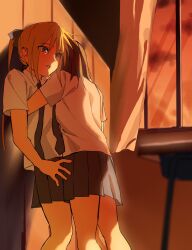  2girls black_necktie classroom clouds collared_shirt commentary_request crying crying_with_eyes_open curtains dark_cloud desk dmarimodn dusk grey_skirt highres hug kill_me_baby multiple_girls necktie open_mouth oribe_yasuna pleated_skirt shirt short_sleeves skirt sonya_(kill_me_baby) tears teeth white_shirt window 