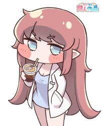  1girl amelia_(trickcal) blue_eyes blush_stickers brown_hair chibi chibi_only coffee commentary_request drinking drinking_straw elena_(trickcal) elf hand_in_pocket highres lab_coat long_hair pointy_ears solo suwa_yasai trickcal white_background 