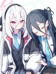  2girls aqua_halo aris_(blue_archive) black_bow black_hair black_hairband black_jacket black_skirt blazer blue_archive blue_jacket blue_necktie blush bow closed_eyes closed_mouth collared_shirt commentary_request dot_nose double-parted_bangs facing_ahead hair_between_eyes hair_bow hairband half_updo halo hand_on_another's_arm head_on_another's_shoulder highres jacket kei_(blue_archive) kei_(student)_(blue_archive) long_hair long_hair_between_eyes long_sidelocks long_sleeves looking_at_another looking_to_the_side loosely_tucked_bangs meluwow miniskirt multi-source_commentary multiple_girls necktie one_side_up open_clothes open_jacket parted_lips partial_commentary pink_eyes pink_halo pink_jacket pink_pupils pleated_skirt rectangular_halo ringed_eyes shirt siblings sidelocks simple_background sisters skirt sleeping smile split_mouth twins two-sided_fabric two-sided_jacket upper_body white_background white_hair white_jacket white_shirt 